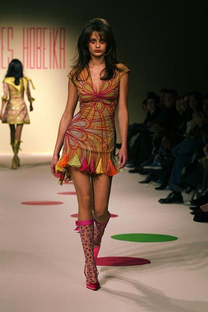 Iconic Blumarine vintage look, colorful dress.